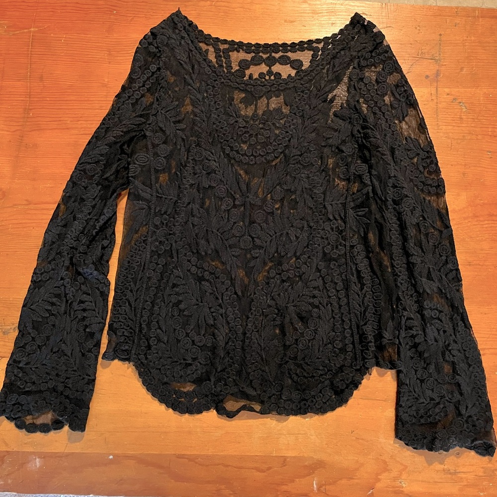 Vintage Embroidered Black Lace Shirt